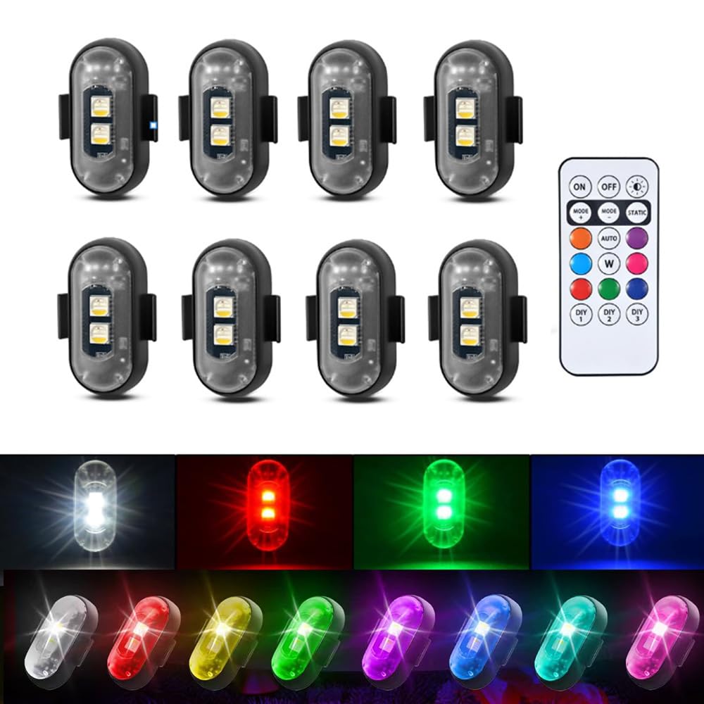 Luces estroboscópicas RGB para aviones con control remoto, 8 colores LED inalámbricos, luces estroboscópicas multimodo, impermeables, para aviones, motocicletas, camiones, coches, barcos,