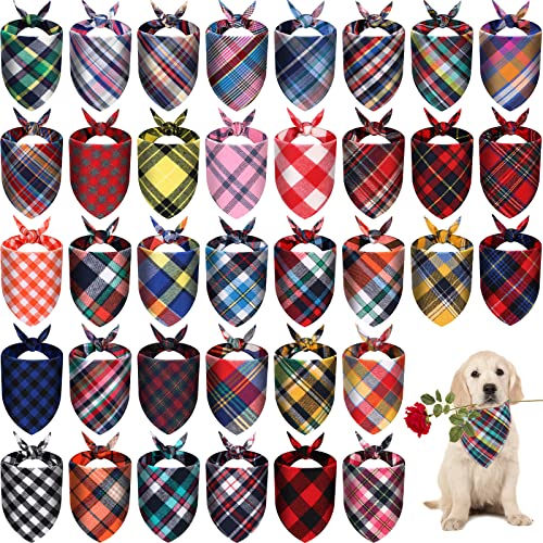 Dog Bandanas 100 Pcs Bulk Dog Bandanas Plaid Dog Scarf Cute Pet Bandanas Washable Cotton Puppy Cat Bandanas Comfortable Dog Bib Kerchief for Small Medium Large Dog Birthday Holiday Costume Accessories