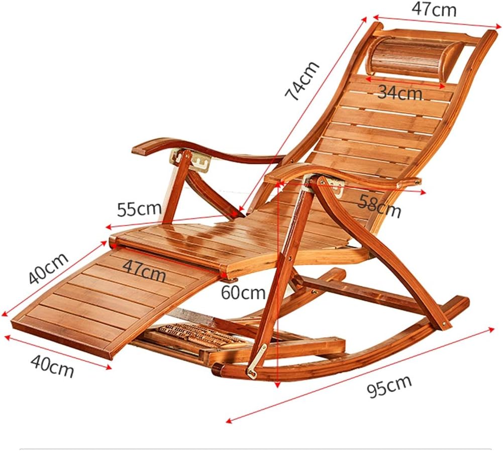 N / A Bamboo Rocking ChairFolding Chair, Portable Household Bamboo Rocking Chair, Adjustable Backrest with Foot Massage Ball Balcony Lounge Chair Sun Lounger
