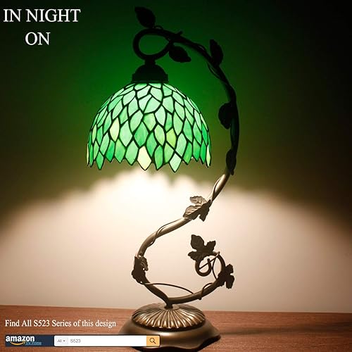 Miniatura 6 de WERFACTORY Tiffany - Lámpara de estilo glicina verde para mesa de vidrio, luz de lectura, base de hoja de metal de 8 x 10 x 21 pulgadas, decoración