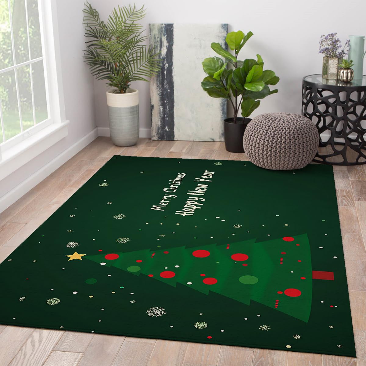 Tapis Noël 80x150cm vert à poil bas lavable pour salon et chambre