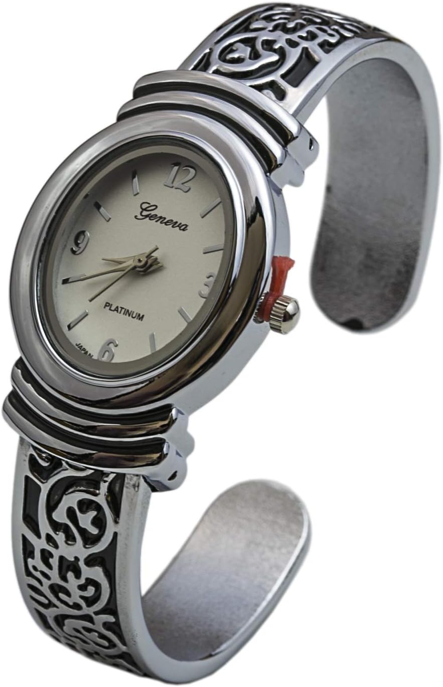 Geneva Womens Oxidized Scroll Design Hinged Fashion Cuff Watch White Dial W9132