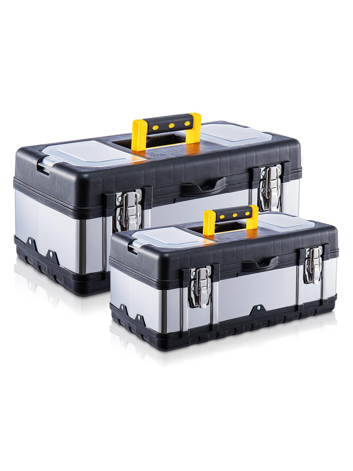 Holdfiturn ToolBox Storage Heavy Duty Stainless Steel Portable Toolbox with Metal Dual Latch Removable Tray Storage Case 2 Lid Organisers for Small Parts for Tools (19 Inch/14 Inch)
