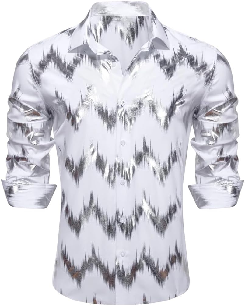 Shirts for Men White Silver Striped Long Sleeve Slim Fit Male Blouses Casual Tops