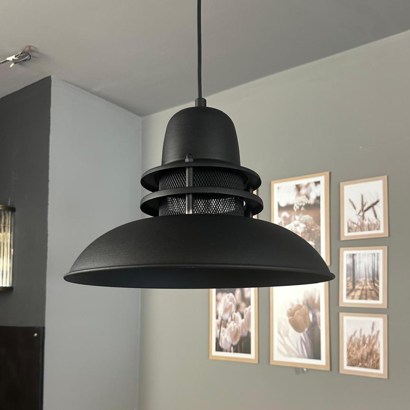 bamyum Lámpara Colgante Industrial, Lámpara de Salón 34 cm, Lámpara de Cocina de Metal, Lámpara Vintage para Dormitorio, Comedor, Pasillo, Lámpara Colgante Industrial, Iluminación de Techo Negro Mate