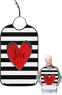 BOBOWUNY Valentine Red Love Heart Adult Bibs for Elder Women Men Eating, White Black Stripes Waterproof & Washable Bibs for Eating Clothing Protector Dining Bibs for Crumb Catcher