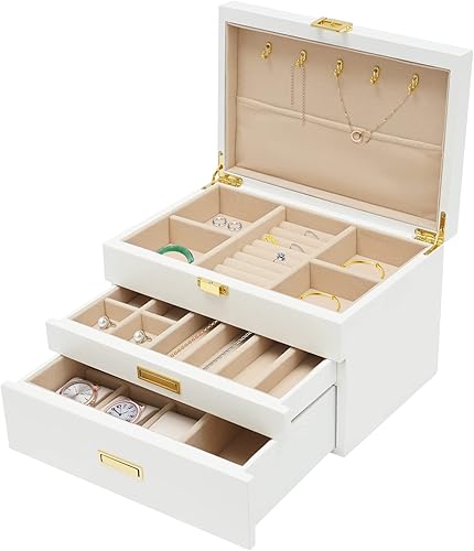 LOYALHEARTDY Joyero de madera grande de 3 capas, organizador grande de joyería para mujeres, 2 cajones de almacenamiento para anillos, collares,