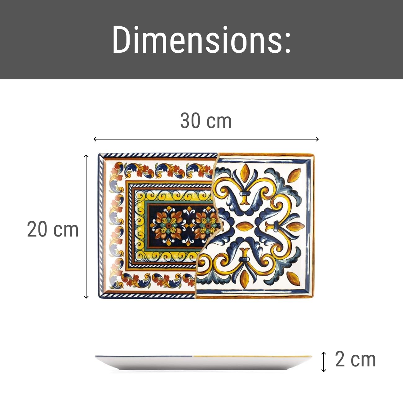 H&H Positano set de 6 assiettes rectangulaires 30x20, grès