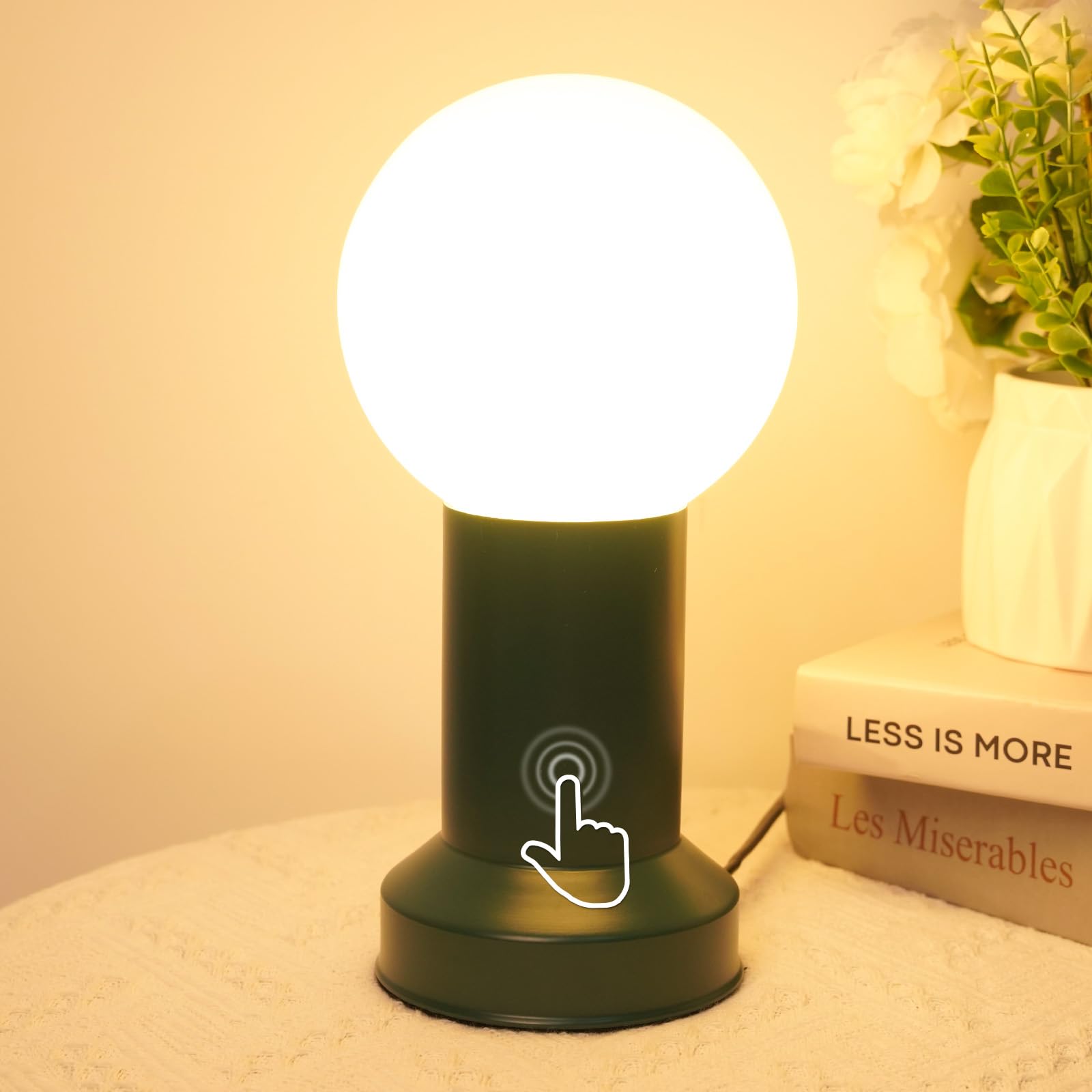 BrightWish Small Table Lamp Touch Control Bedside Lamps, Mid Century Modern Globe Lamp Green, Touch Lamps Bedside 3000K Warm Nightstand Lights Desk Lamp for Bedroom Living Room