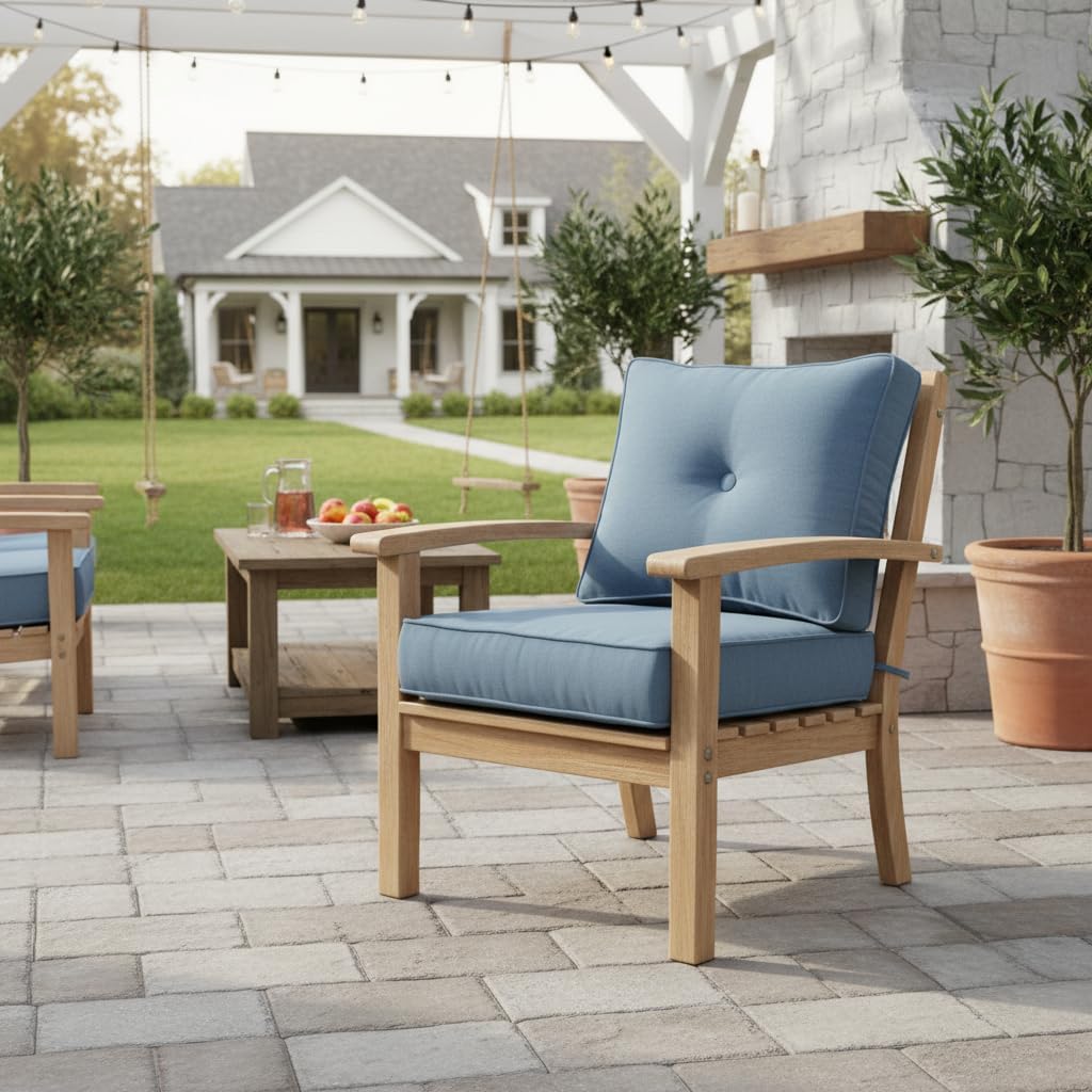 Sunbrella Deep Seat Cushion Set – Seat & Back Cushions for Patio Chairs, Sofas & Loveseats – Fade Resistant Outdoor Fabric, Ties, Zippered Cover, Cord Trim, Spectrum Denim