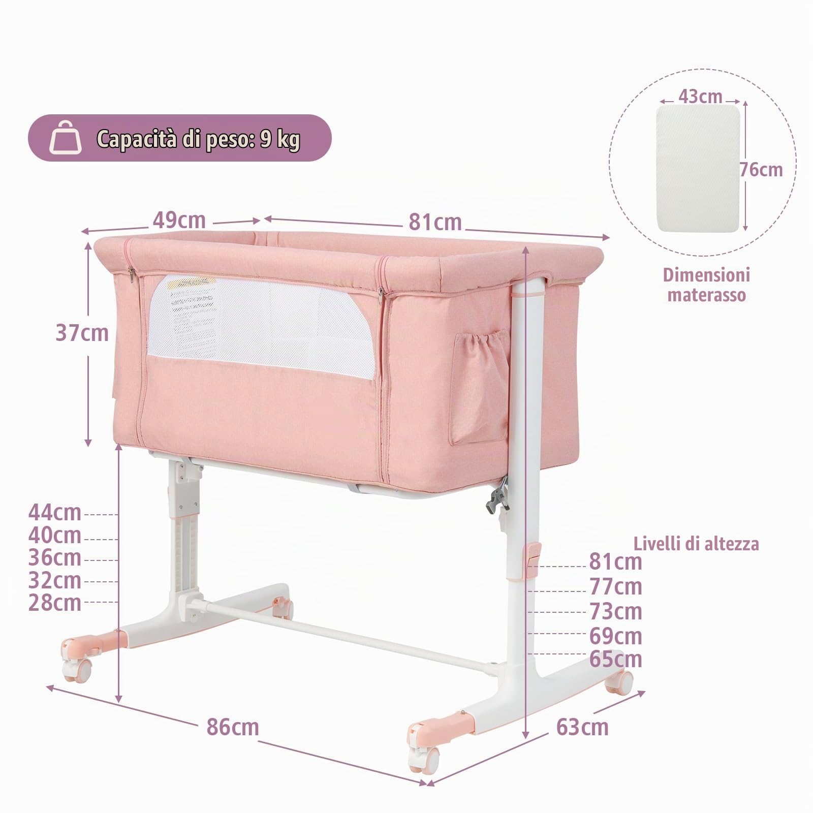 LIFEZEAL 3 in 1 Lettino con Materasso Laterale Regolabile in 5 livelli, Culla per Neonato da Viaggio Mobile su Ruote con Tasca e Borsa per Trasporto (rosa)