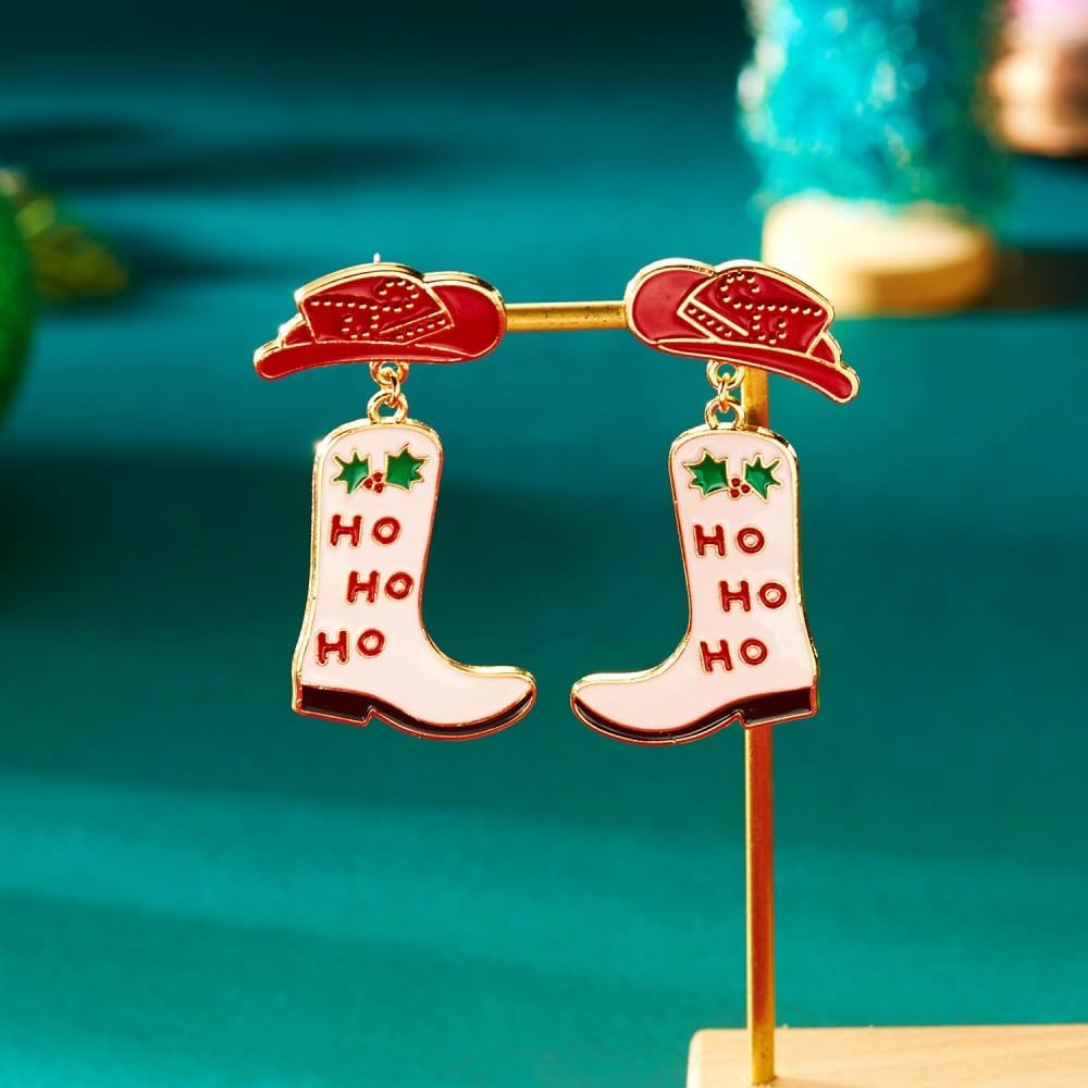 Xmas Ho Ho Ho Western Cowboy Earrings for Women Cowgirl Hat Boot Dangle Drop Country Earring Costume Accessories Country Concert Party Outfits Jewelry Christmas Festive Stocking Stuffer - Image 4
