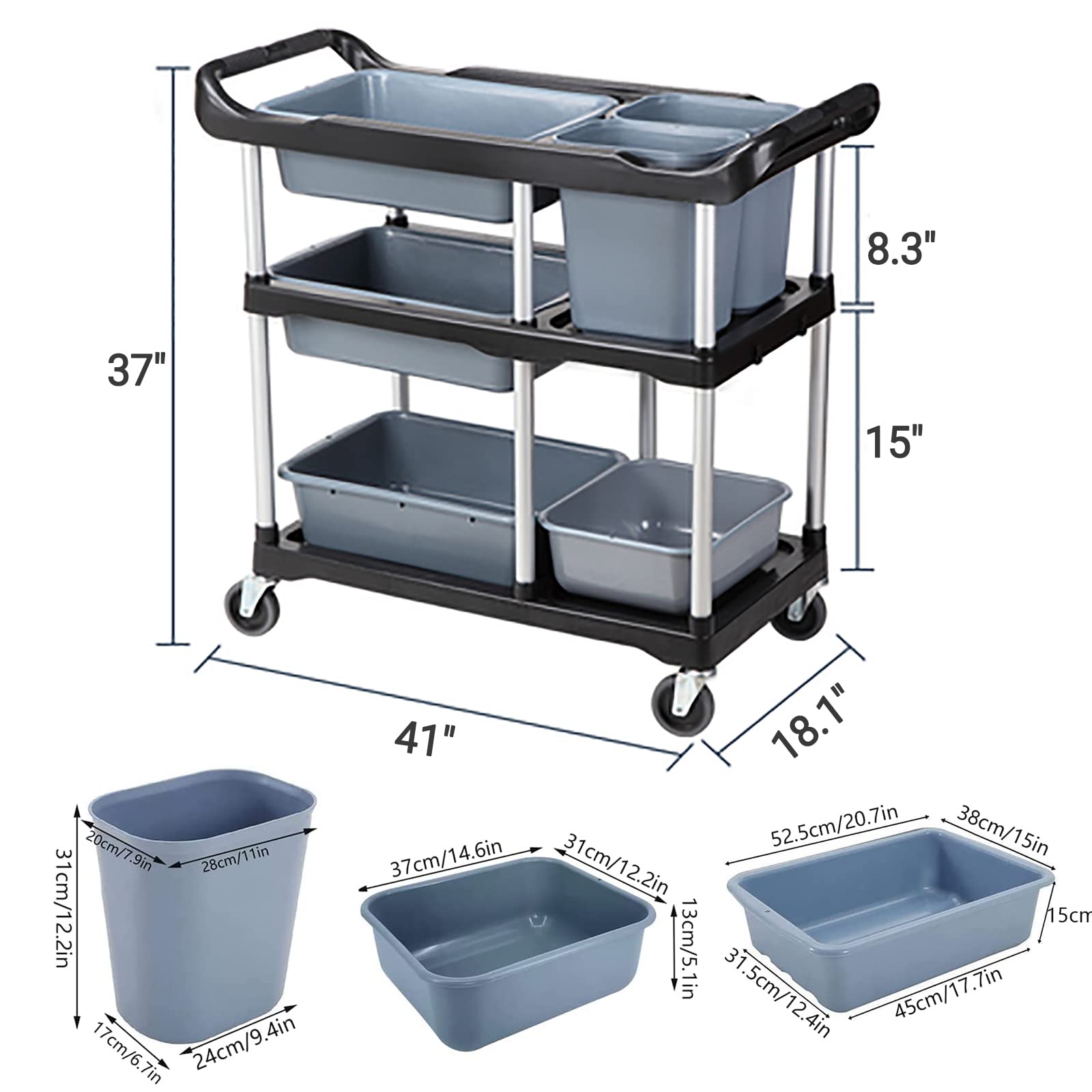 Heavy Duty Rolling Utility Cart 3 Tier Commercial Grade Kitchen Storage Cart con ruote, carrello di servizio per ristorante Bar