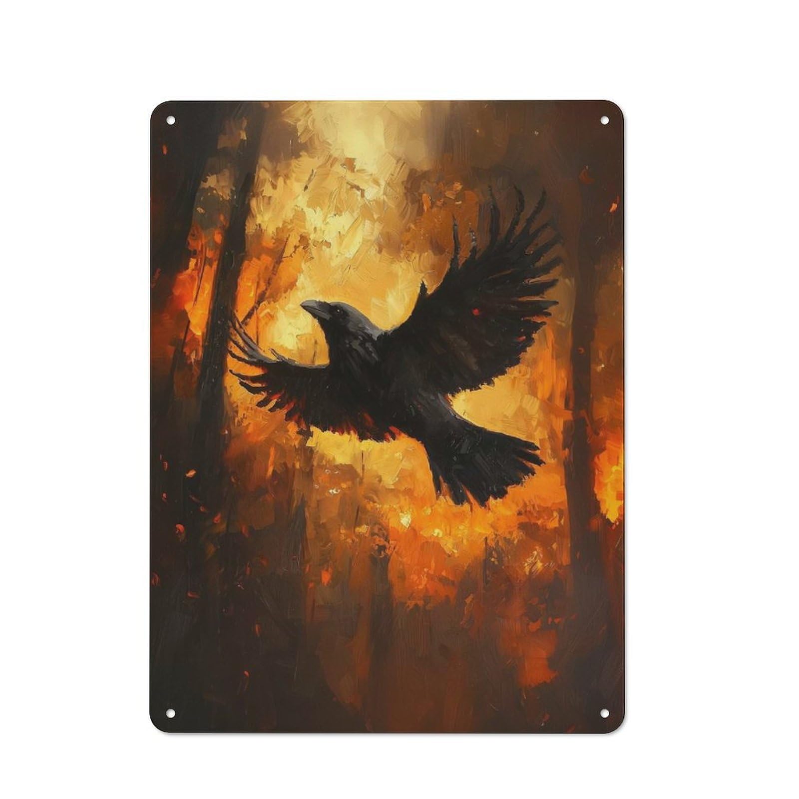 Junmoney Raven In Fire Painting Rustic Tin Wall Plaque 40X30cm For Garage Or Workshop, For Home Interiors, Feature Walls And Decorative Displays