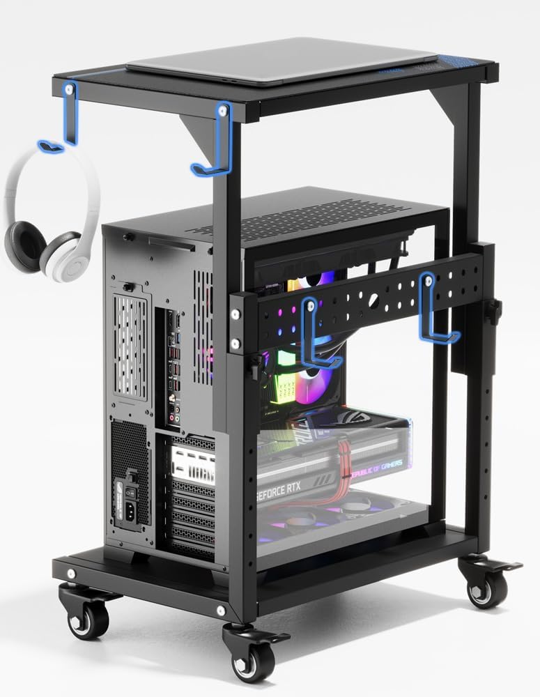 Product image of Computer Tower Stand, 6 Level Height Ajustable PC Tower Stand for Floor, Mobile Rolling CPU Holder Cart for Gaming Office Home,21.34"-28.3", Black