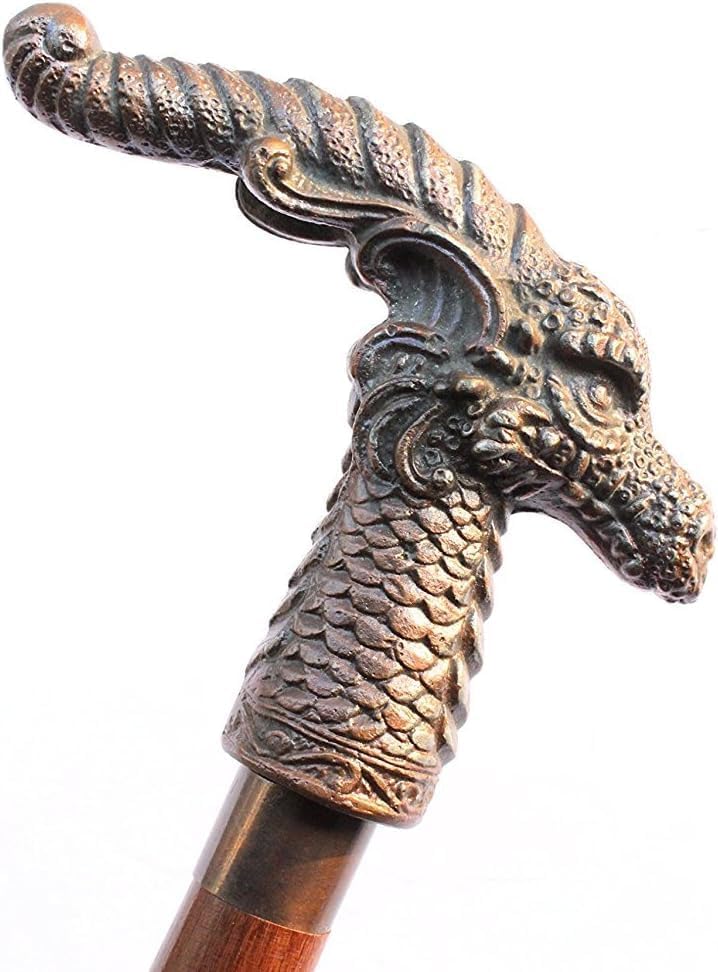 Canne tête de dragon en bronze antique et bois noble de haute qualité