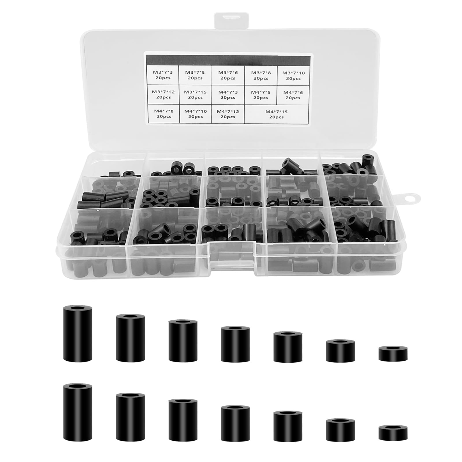 280pcs ABS Round Spacer Washer Assortment Kit，M3 M4 Screws Nylon Non Threaded Column Standoff Support Spacers with Plastic Box(Black)