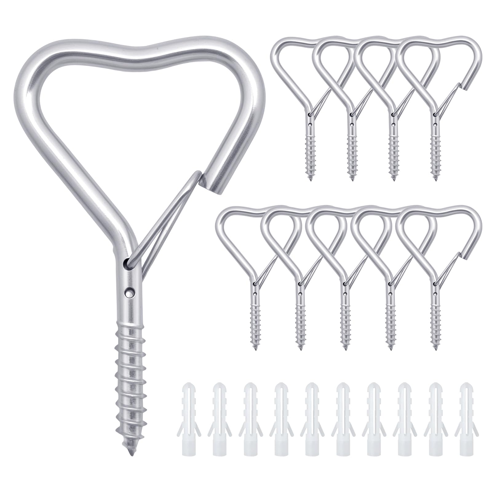 Ticway 10 PCS Heart Shaped Hooks for Outdoor String Lights,Screw Hooks for Outdoor String Lights, Party Lights, Garage, Bird Feeder, Lanterns,Wind Chimes (Silver, 10 pcs)