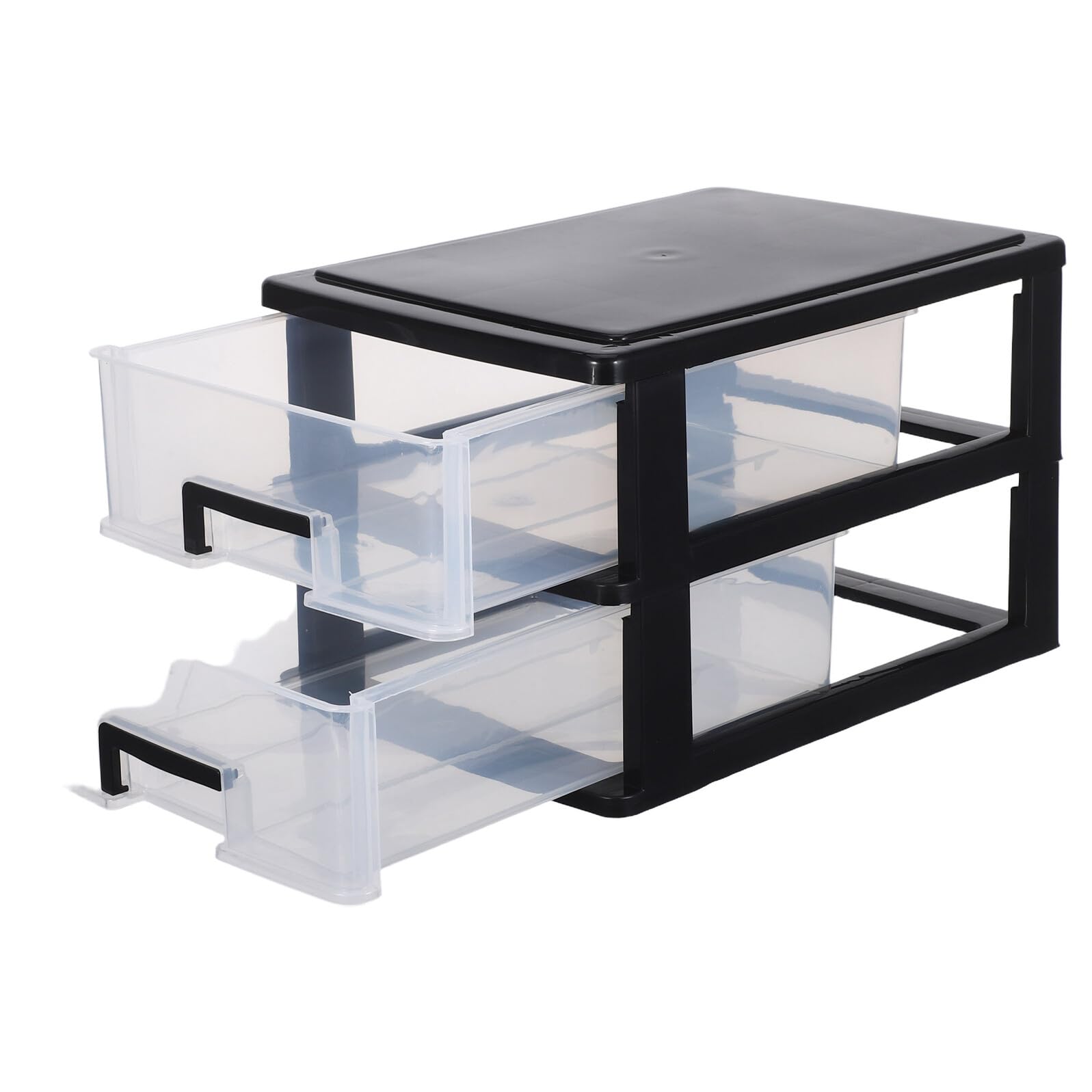Cabilock Organizador de Escritorio Grande 2 Cajones Transparentes y Marco Negro Caja Apilable de Plástico Multicapa para Oficina Aula y Almacenamiento de Papelería