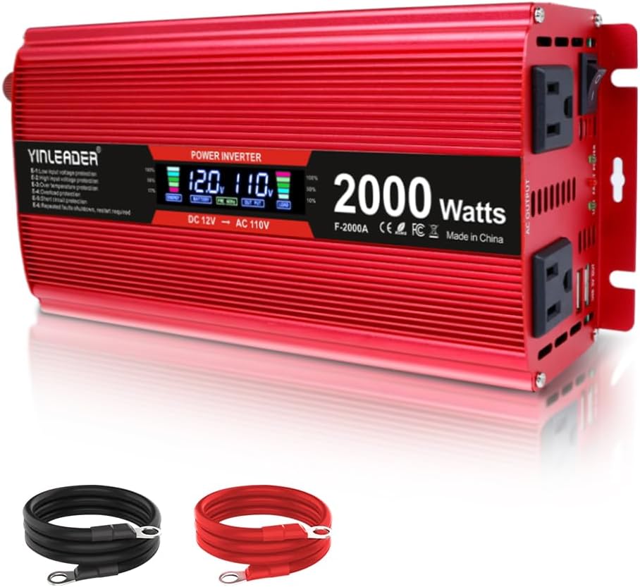 2000 watt Inverter 12V to 110V/120V, dc to ac Inverter 2000W Car Converter with Intelligent LCD Display Dual AC Outlets Dual USB Charging Port for RV Truck Laptop