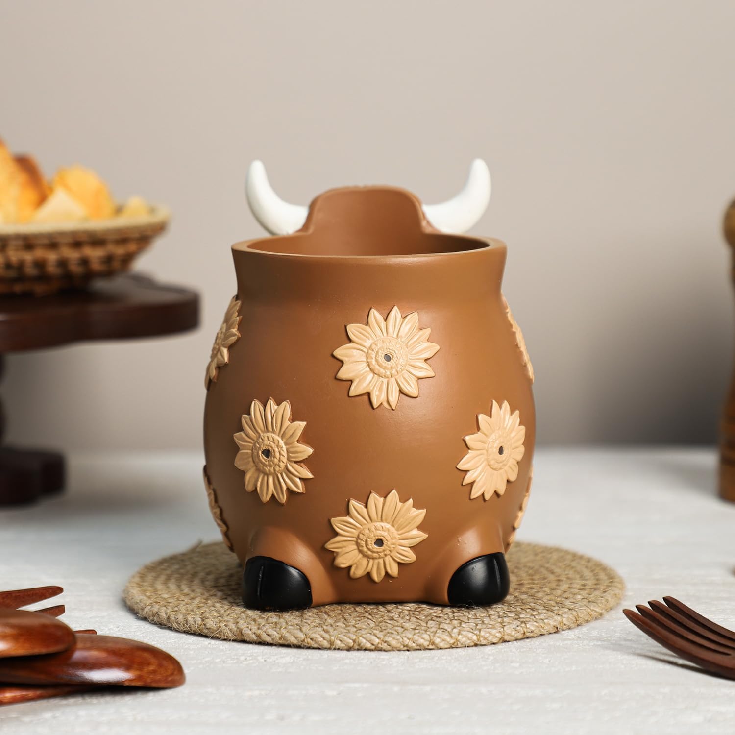 Resin Cow and Sunflower Embossed Kitchen Utensil Holder, Large Cooking Utensil Crocks for Countertop