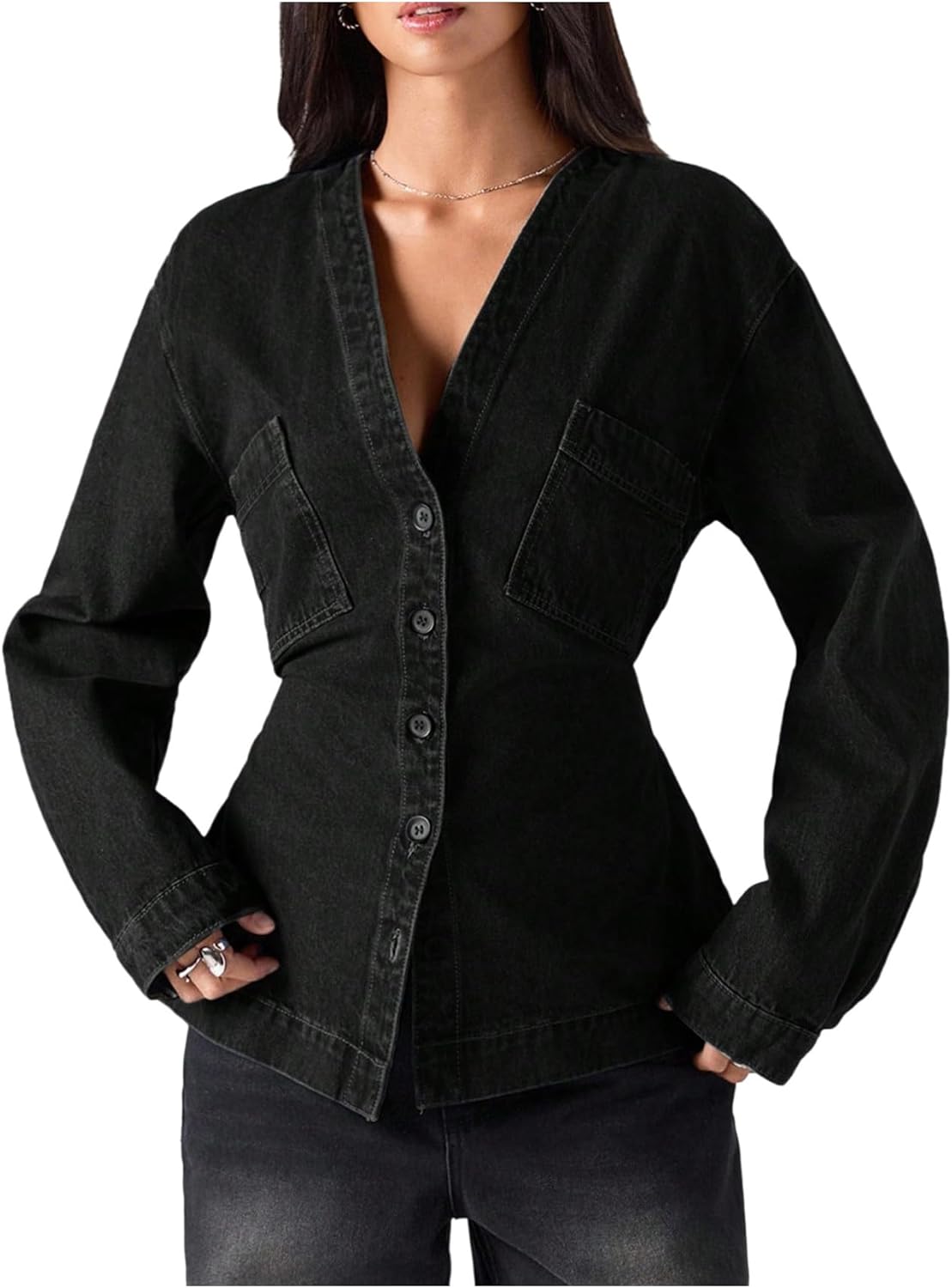 WDIRARA Women's V Neck Button Down Jean Jackets Cinch Waist Long Sleeve Denim Jacket Outerwear