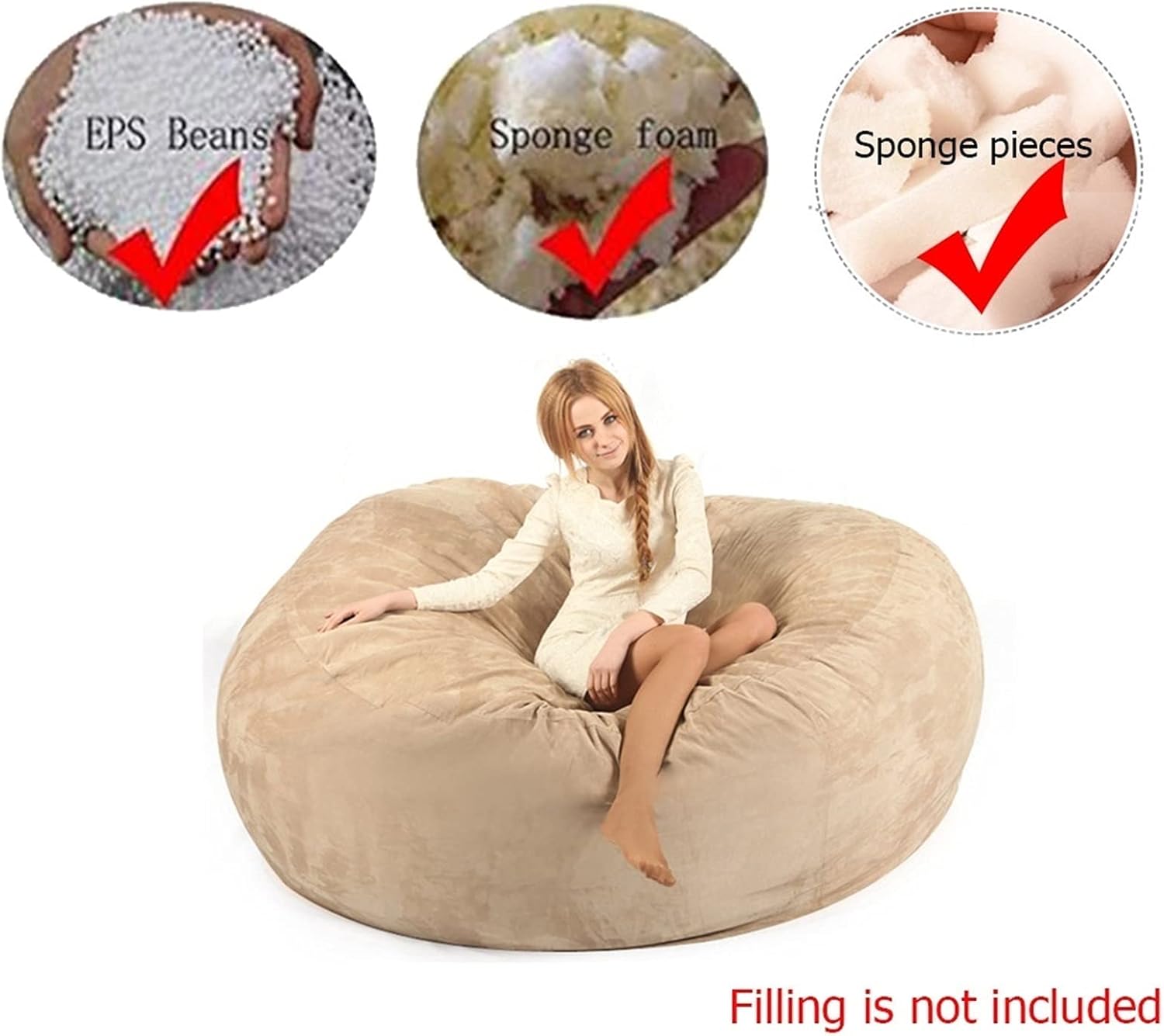 Bean Bag Chair Cover(no Filler),Adults Luxurious Giant 6/7/8ft Huge Bean Bag Chair for Organizing Children Plush Toys or Memory Foam (Color : Black, Size : 7ft)