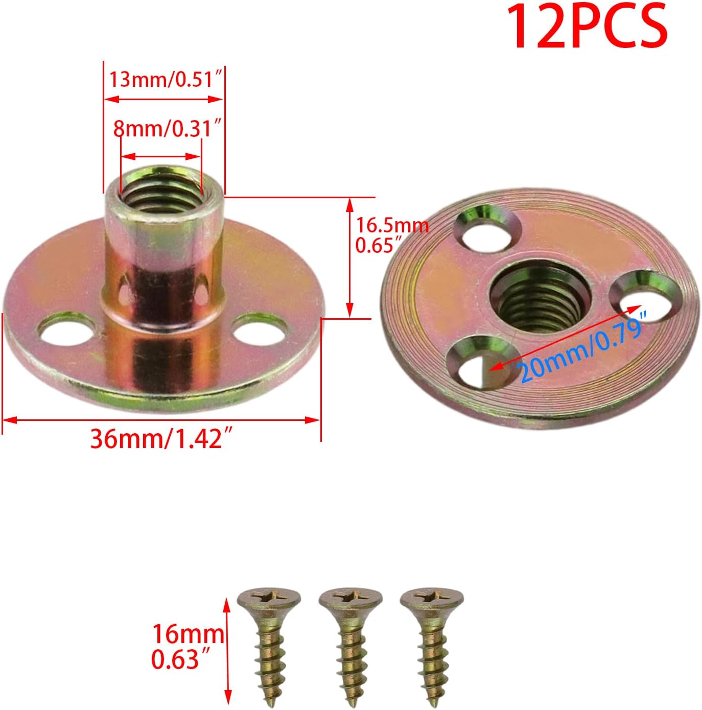 Wealrit 1/4" Round Base T-Nut Steel Brad Hole T Nuts with Screws,12 PCS
