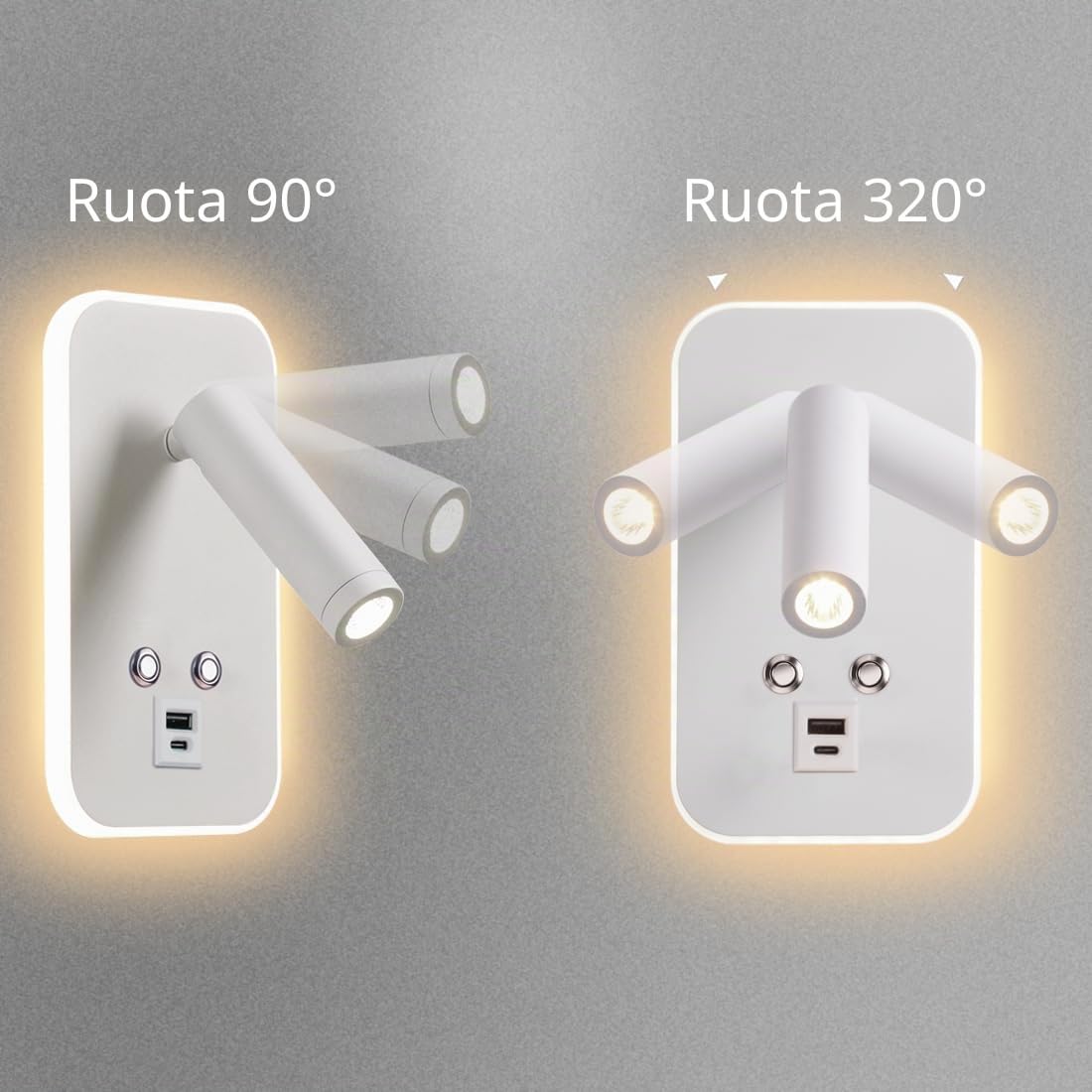 Lampada da Parete a LED, Lampada da Lettura da Comodino, Con interruttore dimmer touch e porta di ricarica USB A+C, Lampada da comodino per camera da letto e hotel (3W 3000K+7W 6000K) Bianco