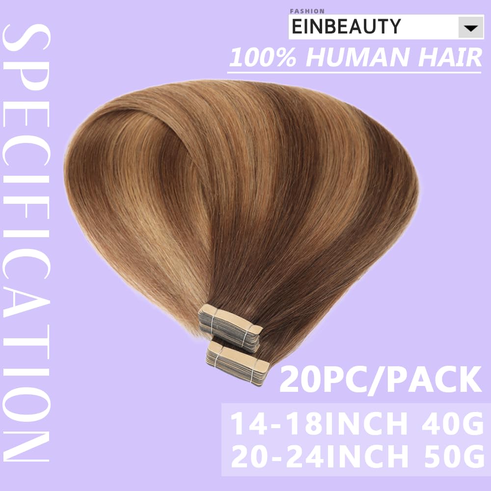 Tape Extensions Echthaar 20pcs Extensions Echthaar 55cm 50g Schokoladenbraun mit Karamellblond Tape In Extensions Echthaar Invisible Echthaar Extensions Tape Für Frauen(22inch,4/4/27#)
