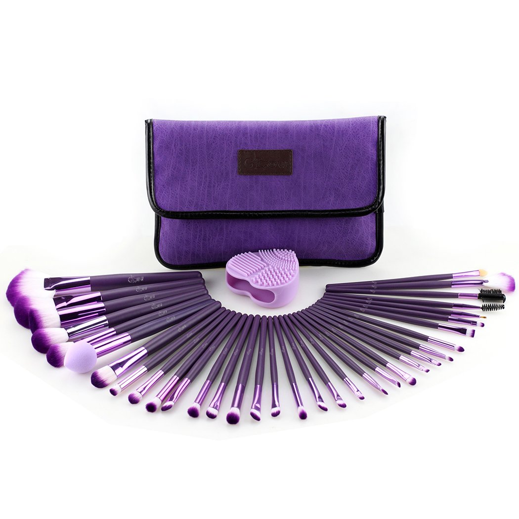 Glow Purple Professional Make-up brush set; contain 34 make up brushes, 1 makeup brushes cleaner/scrubber and 1 makeup brushes bag/makeup brush holder