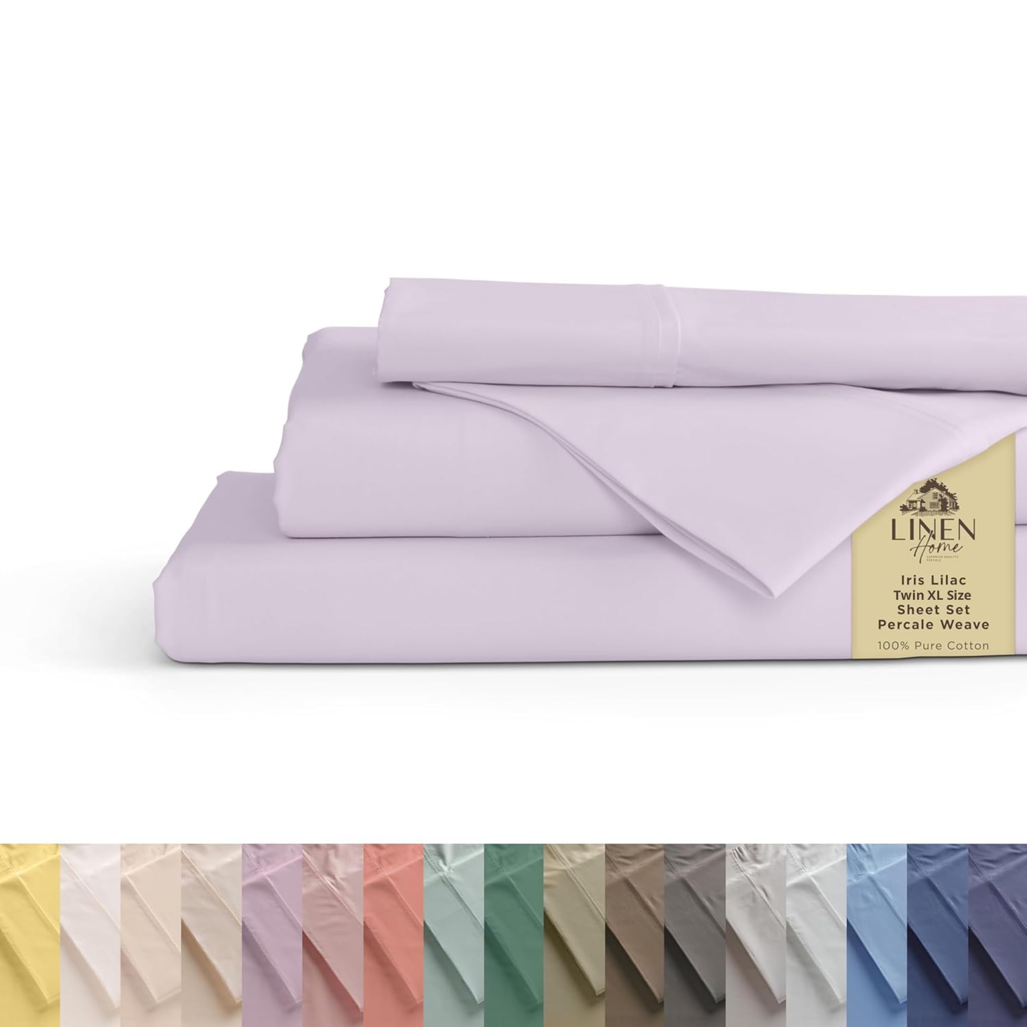 Linen Home 100% Cotton Percale Sheets Twin XL Size, Iris Lilac, Deep Pocket, 3 Pieces Set- 1 Flat, 1 Fitted and 1 Pillowcase, Crisp Cool and Long Staple Strong Bed Linen