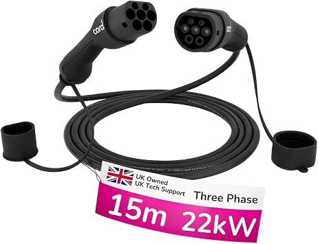 Cord Type 2 to Type 2 EV Charging Cable 15 metre, 22kW, Three Phase, 380V, 32A,15m