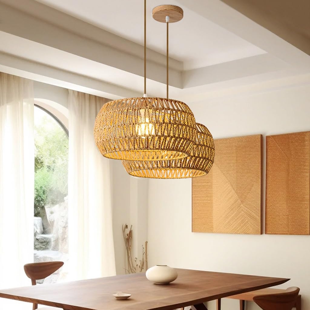 E27 Lampada A Sospensione Rustica Lampadario Rattan Paralume Rattan Lampadario Soggiorno A Sospensione Lampadario Vimini Boho Plafoniera Per Cucina Sala Sala Da Pranzo Camera Da Letto(A)