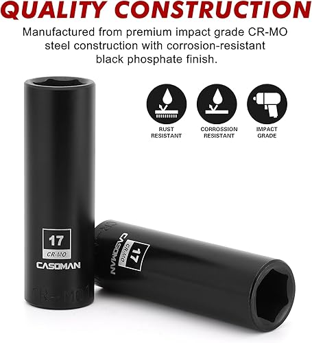 Miniatura 92 de CASOMAN 1/2" Drive x 1.417 in Deep 12 PT Socket Impacto, CR-MO, 1/2" Drive 12 Point Axle Nut Socket para una fácil extracción de las tuercas del eje
