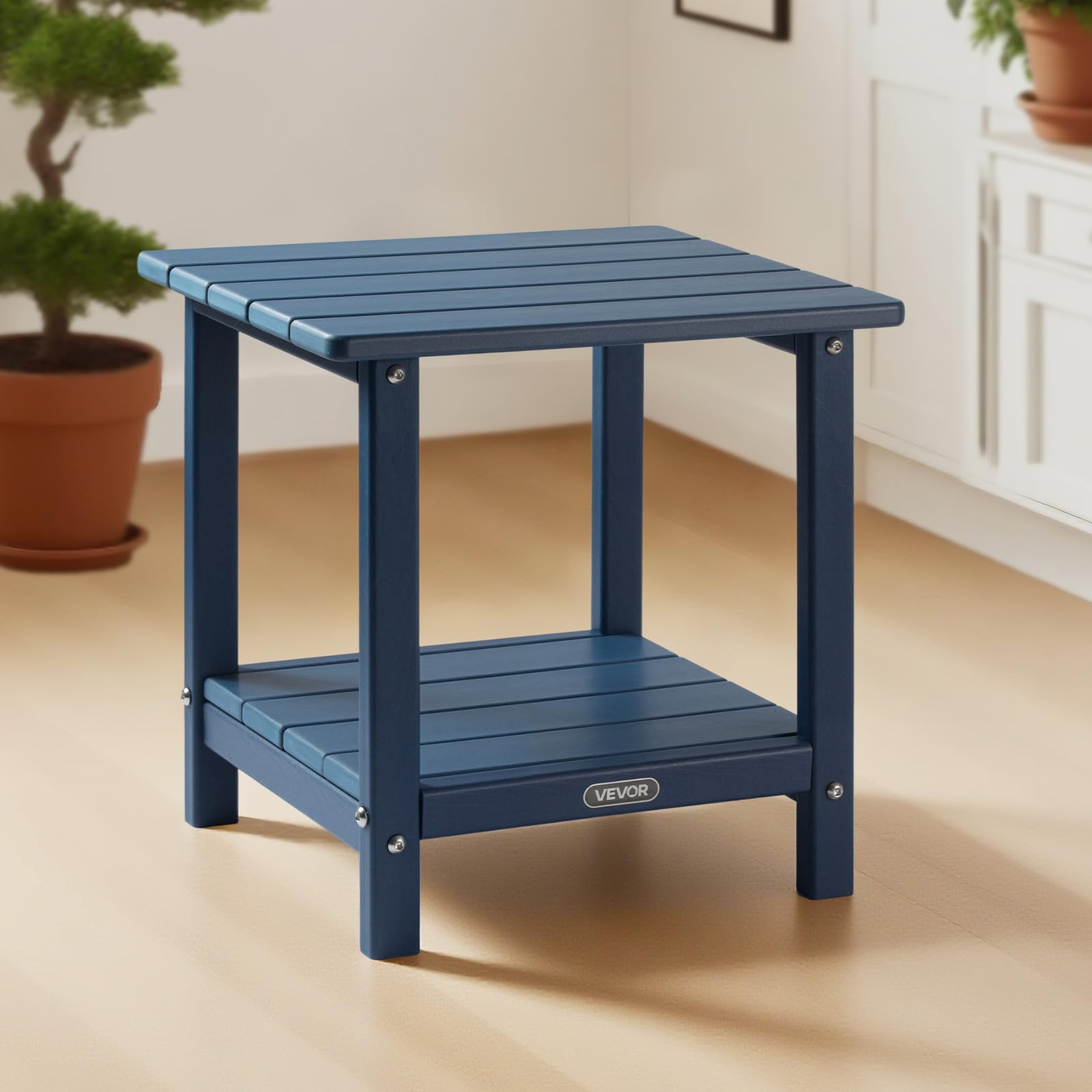VEVOR Table d'Appoint Extérieur Jardin, 2 Niveaux, 45 x 38 x 44 cm, en PEHD, Entretien Facile, Résiste aux Intempéries, pour Terrasse, Bord de Piscine, Plage, Porche, Patio, Balcon, Intérieur, Bleu