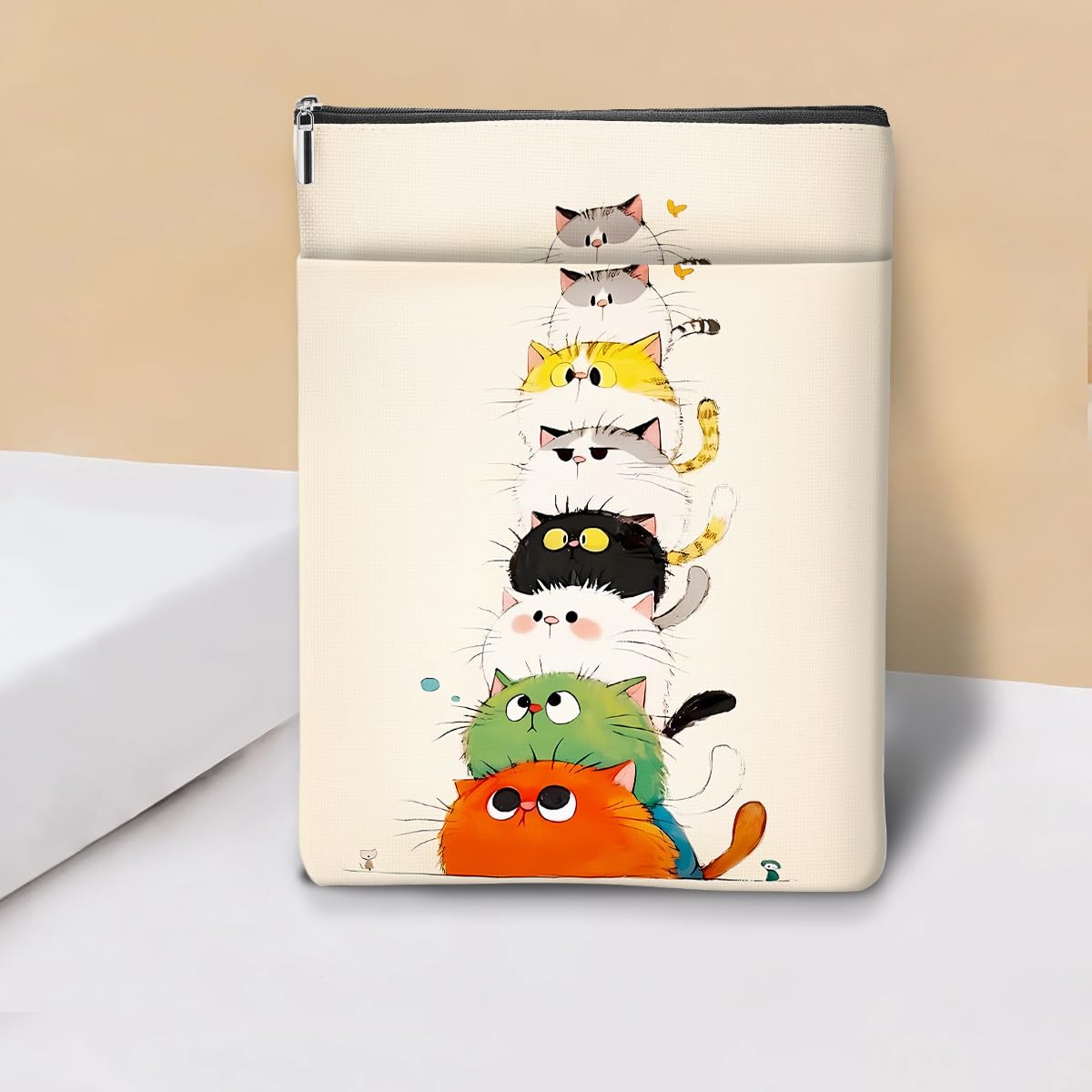 Japanese Kimono Cat Ocean Book Sleeve, Book Lovers Gifts Sleeve with Zipper & Front Pocket, 11.5x8.8 Inch Canvas Books Cover Protector Bookish Cat Lover Gifts for Readers Women Friend Birthday Gift — view 9