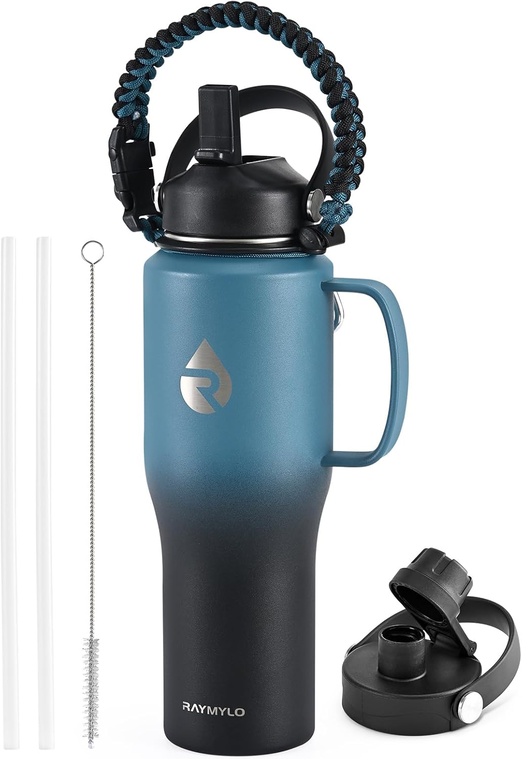 32oz Stainless Steel Water Bottle (Cold for 48 Hrs, Hot for 24 Hrs), Triple Wall Vacuum Insulated Water Bottle with Straw Lid, Spout Lid and Paracord Handle, Leakproof, Fit in Any Car Cup