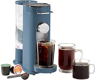 Pods & Grounds Single-Serve Coffee Maker, K-Cup Pod Compatible, 56-oz. Reservoir, 6-oz. Cup to 24-oz. Travel Mug Brew Sizes, Iced Coffee Maker, Blue, PB041BL