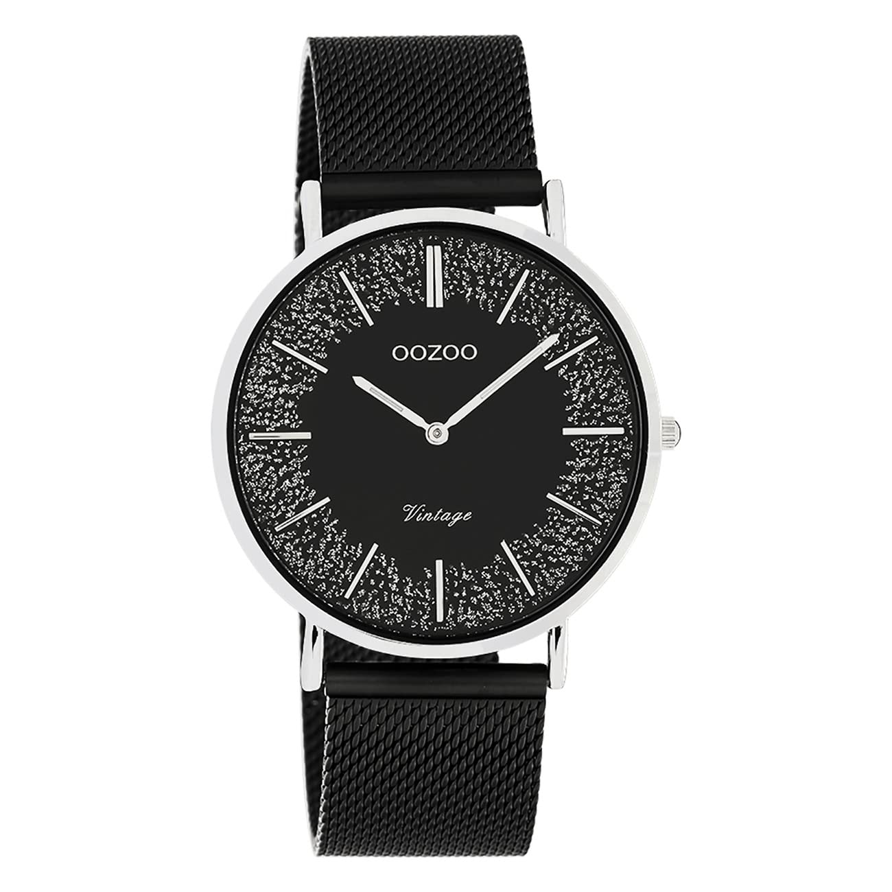 Oozoo Vintage Flache Damenuhr mit Edelstahl Milanaise Metallband Glitter Line mit Glitzer Elementen im Zifferblatt 40 MM