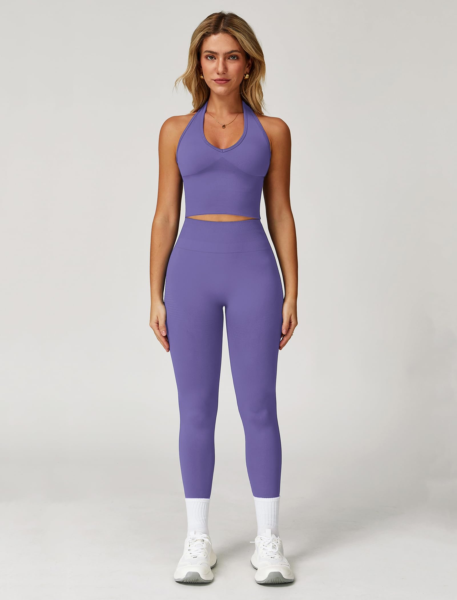 IDOPIP Set sportivo da donna con allacciatura al collo, due pezzi: set da palestra, con vita alta, leggings modellanti con effetto scrunch, tuta sportiva per fitness, yoga, pilates, allenamento