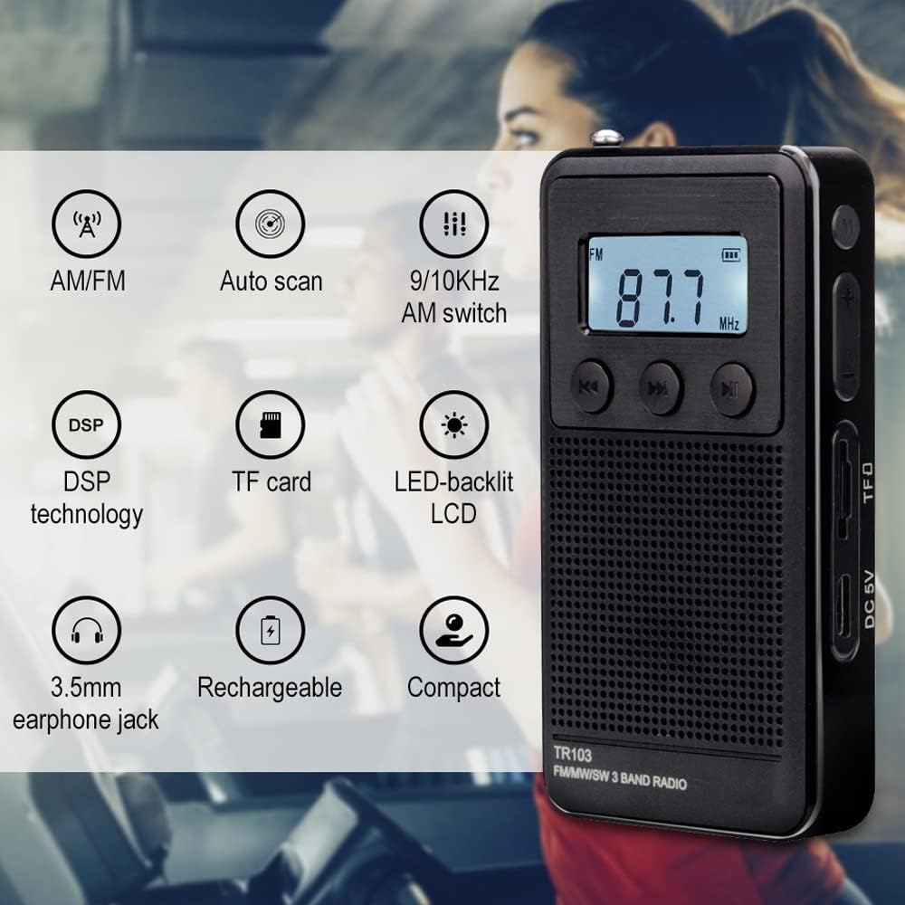 TR103 Pocket Portable Mini Radio FM/MW SW Digital Tuning 9/10Khz MP3 Music Player with Rechargeable