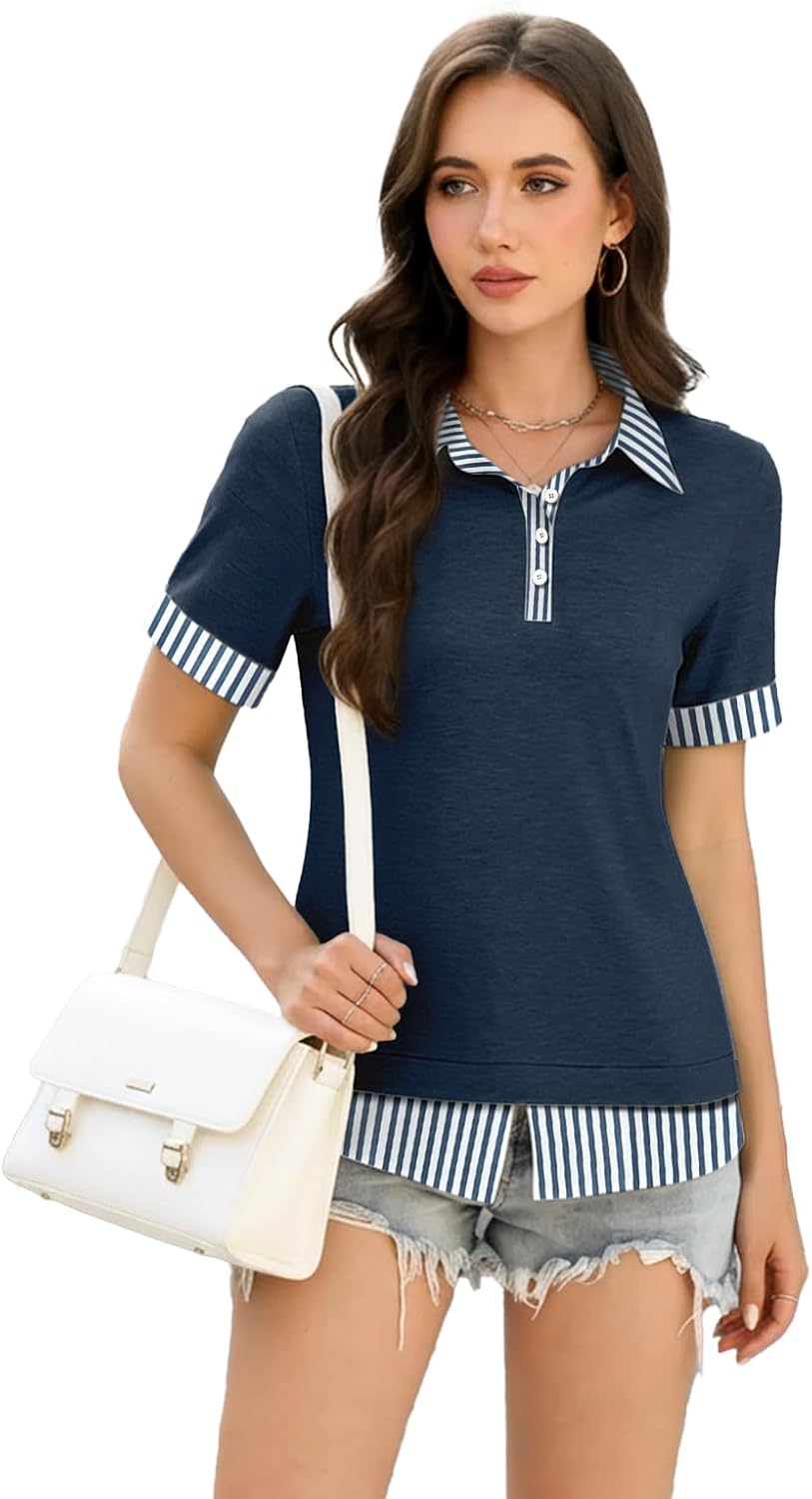 Disamer Womens Summer Tops Spring Fashion 2026 Short Sleeve Shirts Patchwork Button V Neck Tunic Tops Casual Work Blouses - Image 6