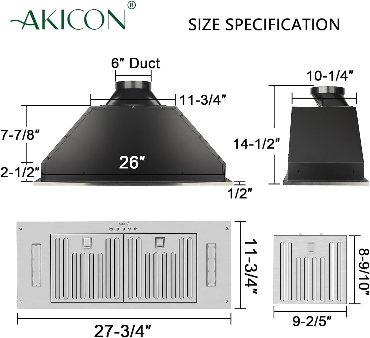 Akicon 30 Inch Range Hood Insert, Ultra Quiet Stainless Steel Ducted Insert/Built-in Kitchen Vent Hood with Powerful Suction, LED Lights and Dishwasher Safe Filters, 3-Speeds 600 CFM