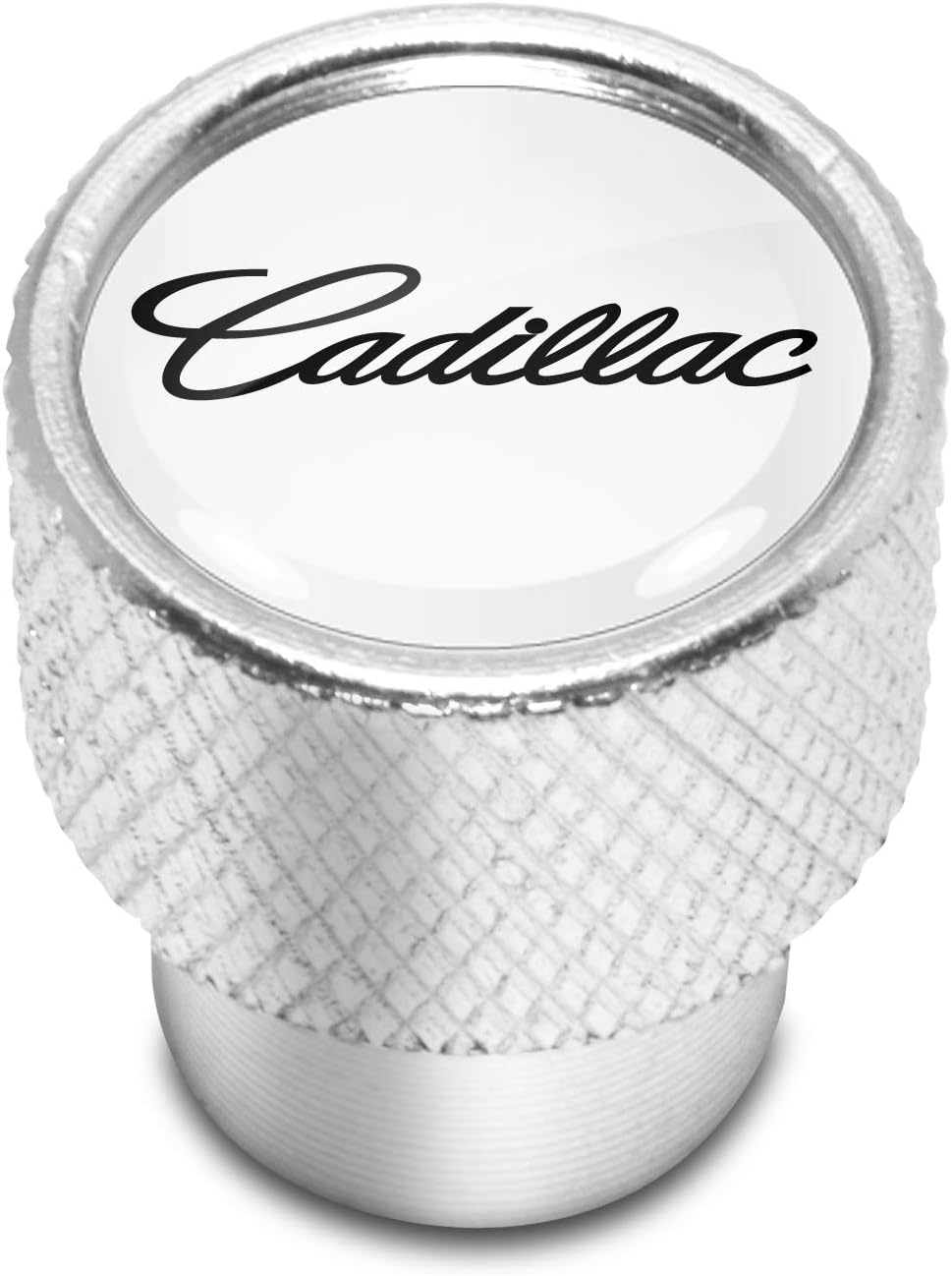 iPick Image for Cadillac Script in White on Shining Silver Easy-Grip Aluminum Tire Valve Stem Caps - Official Licensed
