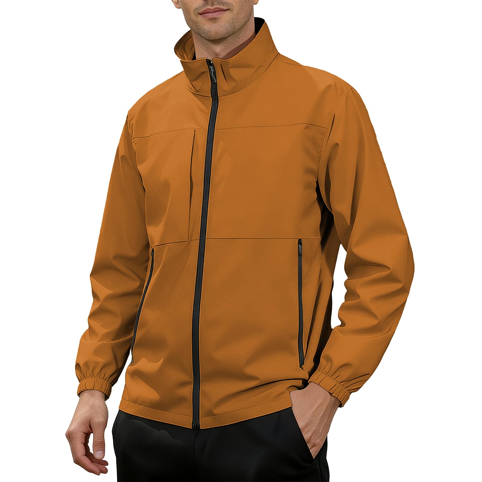 Mens Stand Collar Coat Stylish Patchwork Long Sleeve Sportwear Classic Full Zipper Solid Color Outwear with Pockets