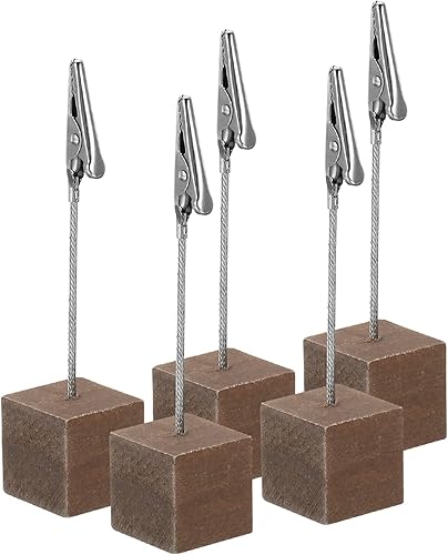 Miniatura 1 de PATIKIL Soporte para tarjetas de lugar, paquete de 5 soportes con clip para notas con cierre de cocodrilo, base de madera para fotos, papel de