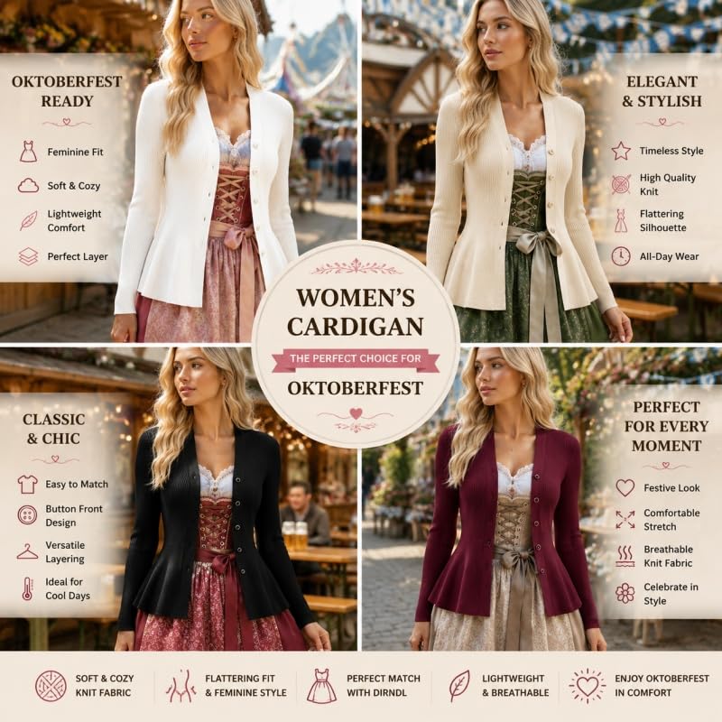 Cardigan da Donna A Coste Slim Fit Elegante Maglione A Maniche Lunghe con Orlo A Volant Giacca Leggera con Scollo A V E Bottoni Frontali Maglione Caldo Autunnale Capospalla Perfetto per Oktoberfest