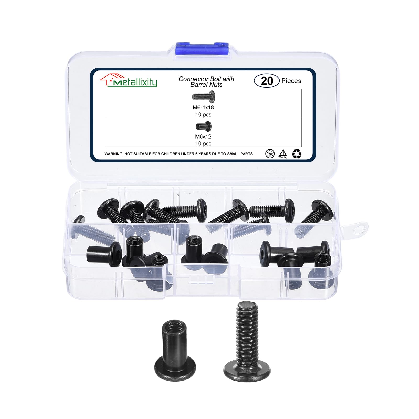 METALLIXITY Furniture Crib Screws Replacement Set(M6-1x18mm) 20Pcs, Connector Bolts M6 Screw Barrel Nuts Binding Screws