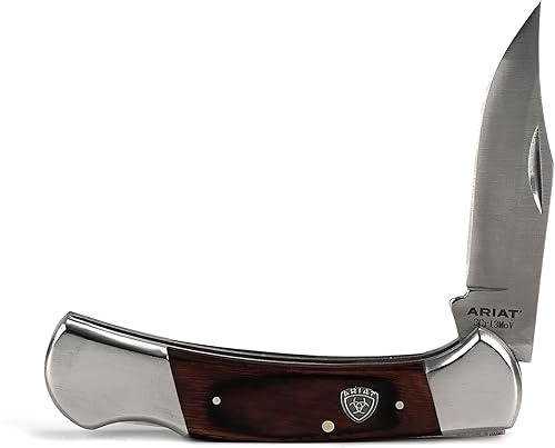 ARIAT Cuchillo plegable grande - Hoja de acero 3CR13 lisa de 3-3/8 pulgadas con cerradura trasera y mango de madera marrón